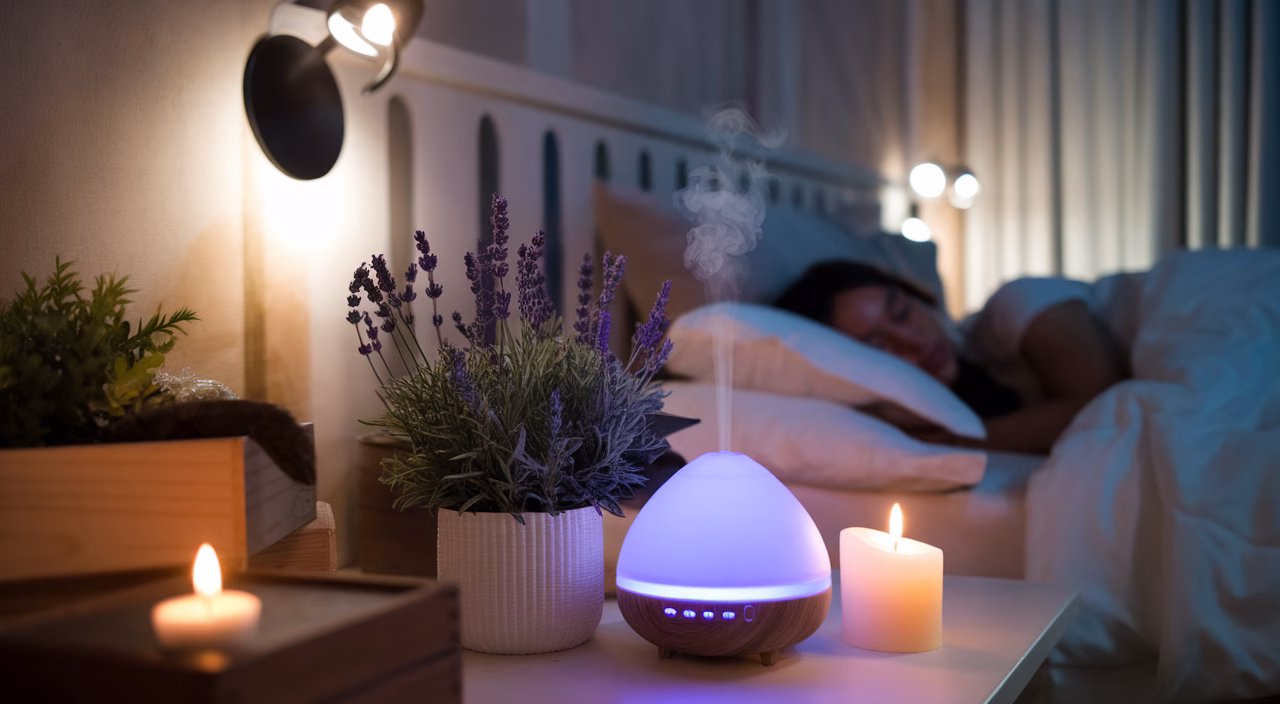 Calming essential oils for better sleep Essential oils and diffuser on bedside table